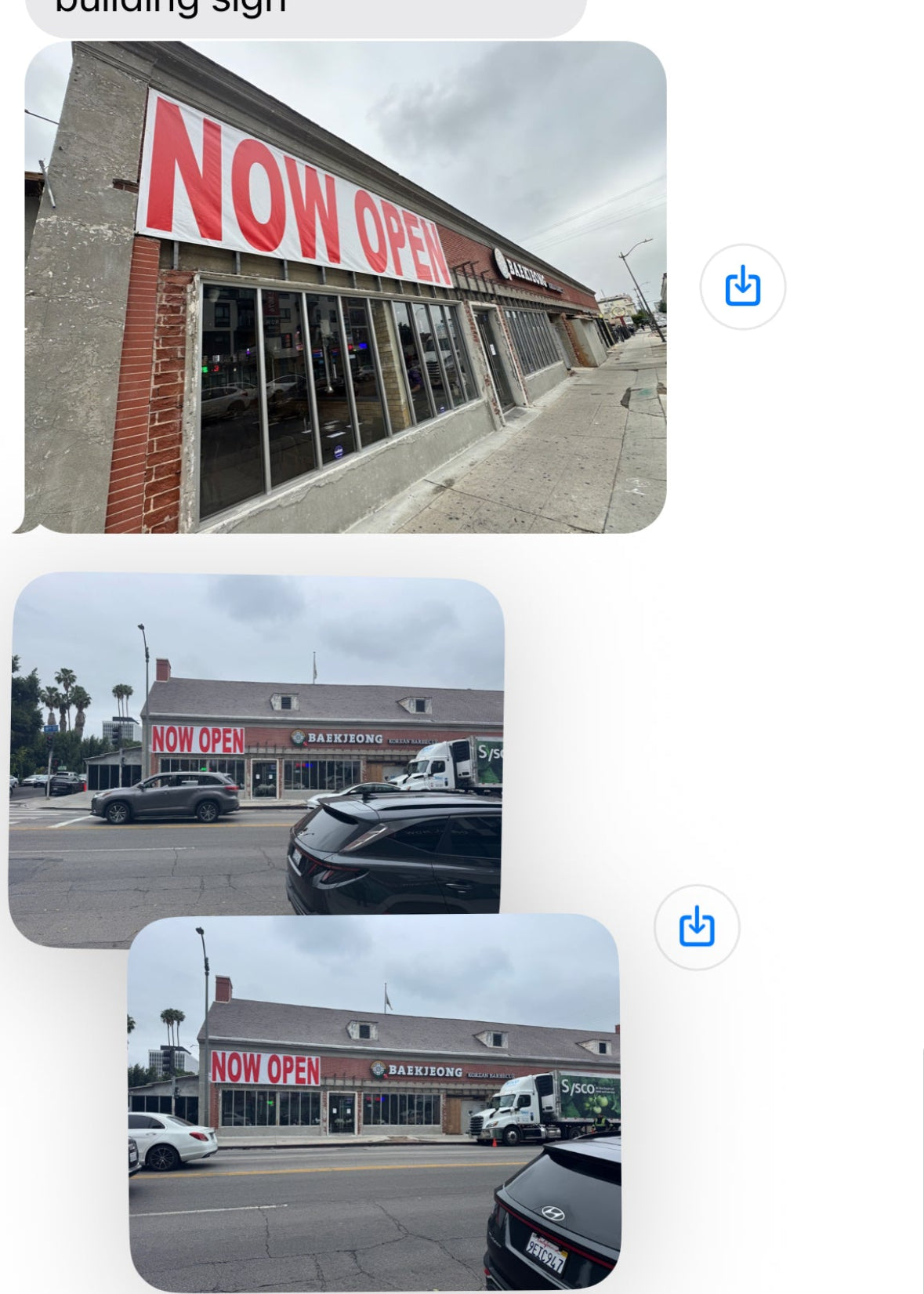 Multiple views of a building with a 'NOW OPEN' Vinyl Banner sign on a store front made by StickerHoo