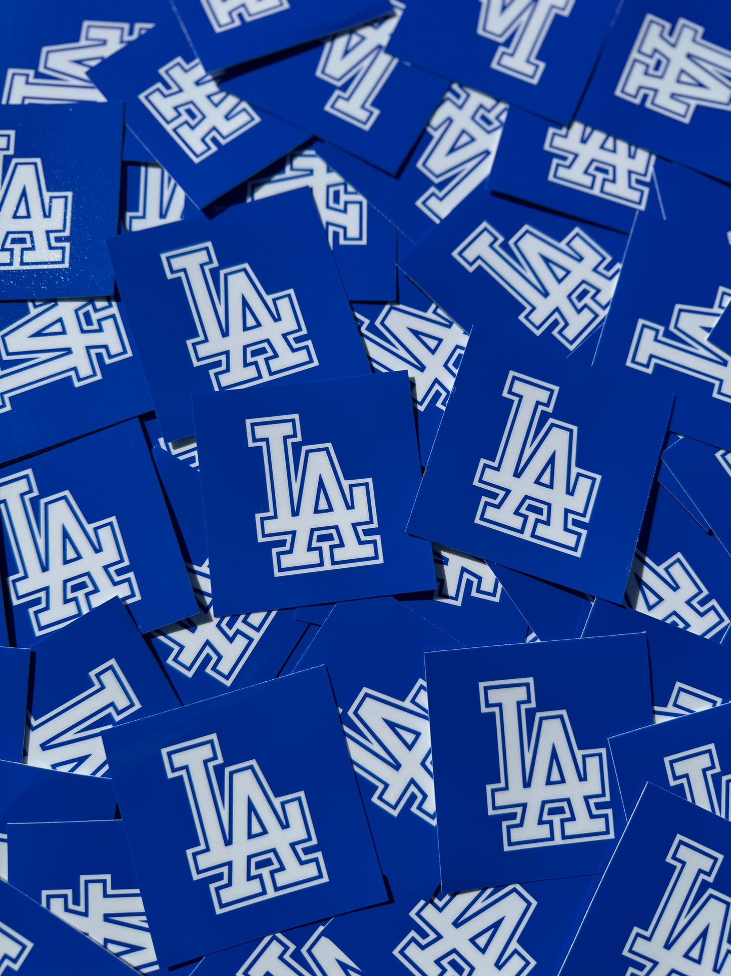 "Square-cut stickers featuring the LA Dodgers logo in high-quality print."