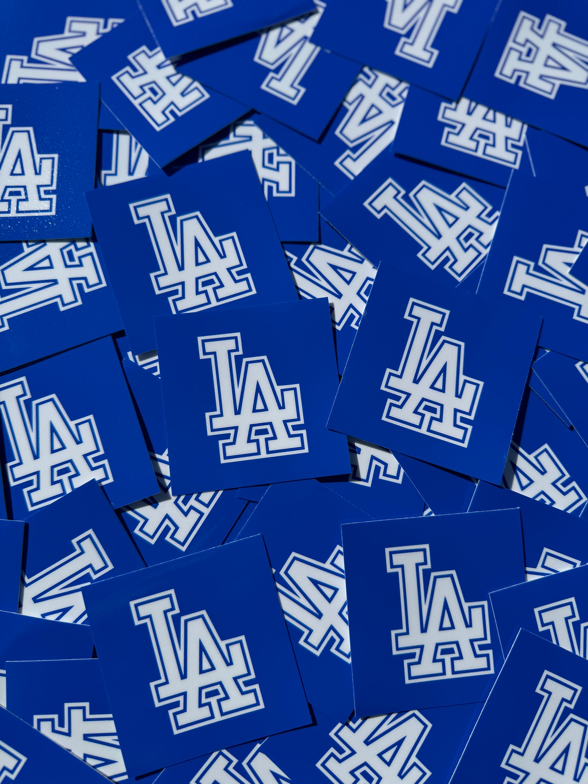 "Square-cut stickers featuring the LA Dodgers logo in high-quality print."